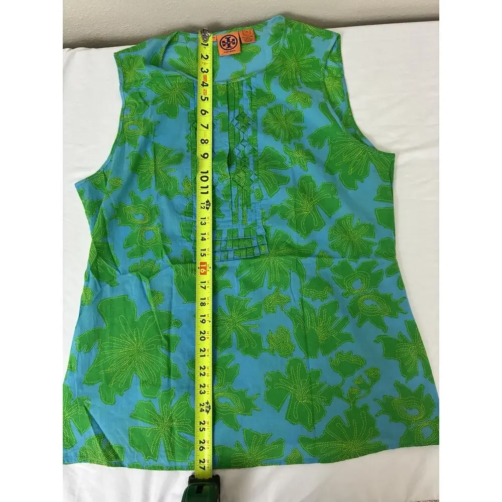 Tory Burch Tank Top Women's Sz 14Bright Green Blue Leaf Ruffled Button Shirt Lux